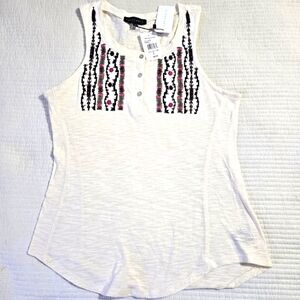 Sanctuary Artist Henley White Tank Top with Embroidery